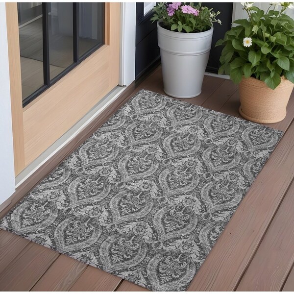 Homeroots 3' X 5' Gray Damask Washable Non Skid Indoor Outdoor Area Rug 563874 - main