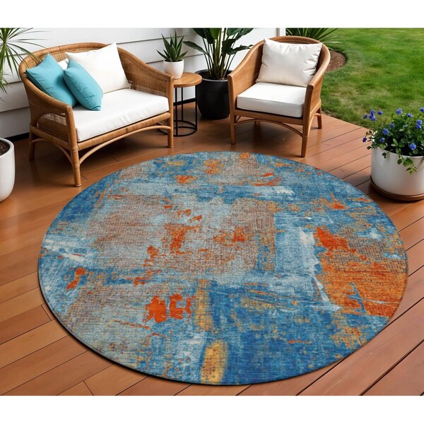 Homeroots 8' Navy Blue Orange And Ivory Round Abstract Washable Indoor Outdoor Area Rug 596880 - main