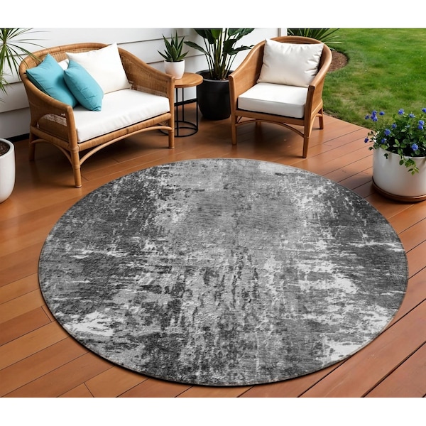 Homeroots 8' Gray Charcoal And Silver Round Abstract Washable Indoor Outdoor Area Rug 582922 - main