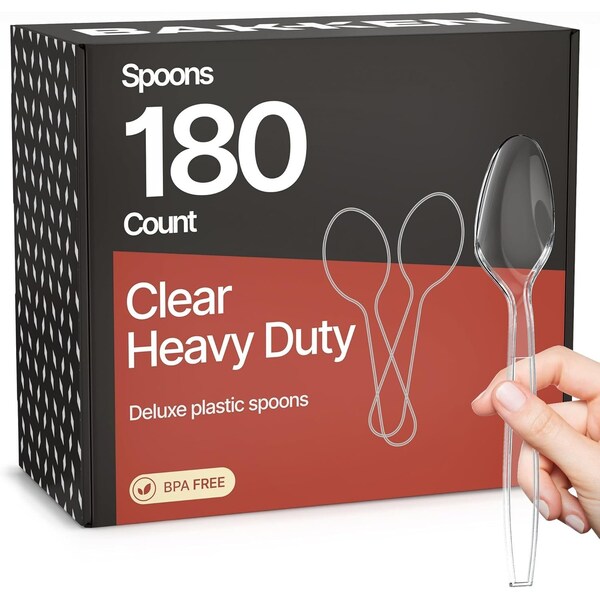 Bakkenmaster Disposable Cutlery Set Heavy-Duty BPA-Free Plastic Spoons, Reusable and Heat-Resistant, 180PK BK-180CS - main