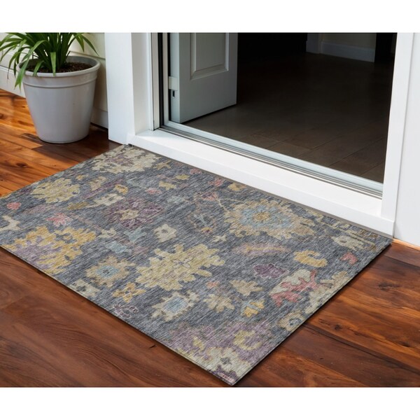 Homeroots 3' X 5' Blue Charcoal And Gold Floral Washable Indoor Outdoor Area Rug 604114 - main