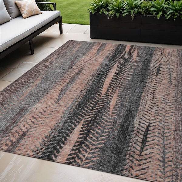Homeroots 5' X 8' Blue Charcoal And Copper Botanical Leaves Washable Indoor Outdoor Area Rug 581949 - main