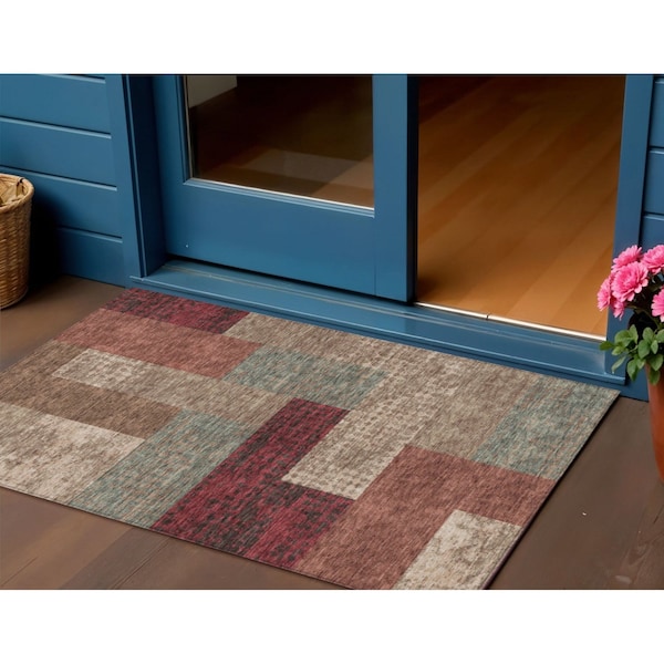 Homeroots 3' X 5' Brown And Terra Cotta Geometric Washable Indoor Outdoor Area Rug 612436 - main