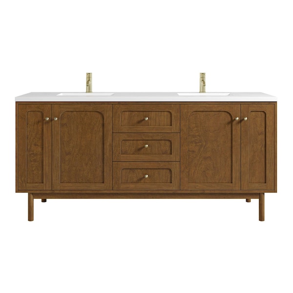 James Martin Vanities Laurent 72" Dbl Vanity, Honey Oak w/ Sgl Hole 3 CM White Zeus Silestone Top and Matching Backsplash 545-V72-HNO-1WZ - main