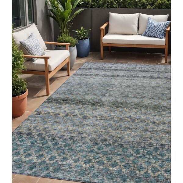 Homeroots 5' X 8' Teal Blue Light Blue And Gray Striped Washable Indoor Outdoor Area Rug 605694 - main