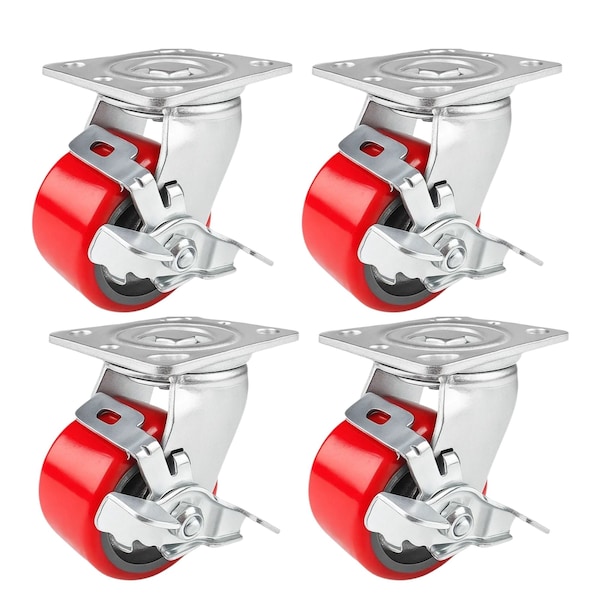 Hyw Products Heavy Duty Caster Set 4in Red Polyurethane on Cast Iron Wheels, 4 Swivel with Brake, 4PK 40-40S-A1-PC-TB-4 (R) - main