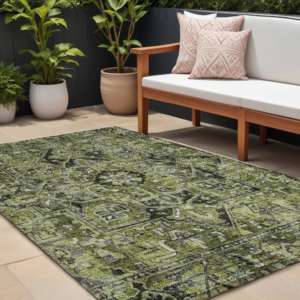 Homeroots 10' X 14' Olive Green And Dark Green Oriental Washable Indoor Outdoor Area Rug 563780 - main