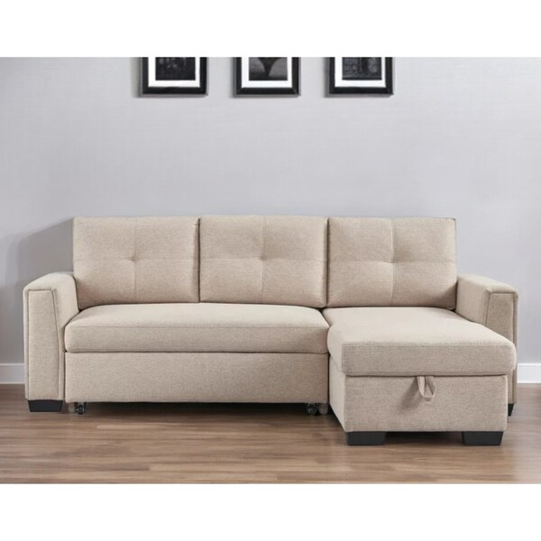 Homeroots 92" Beige Polyester Blend Convertible Futon Sleeper Sofa With Black Legs 544956 - main