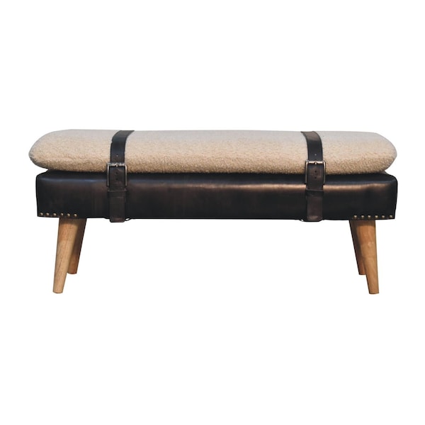 Homeroots 35in Black and Brown Genuine Leather and Solid Wood Upholstered Bench 723431 - main
