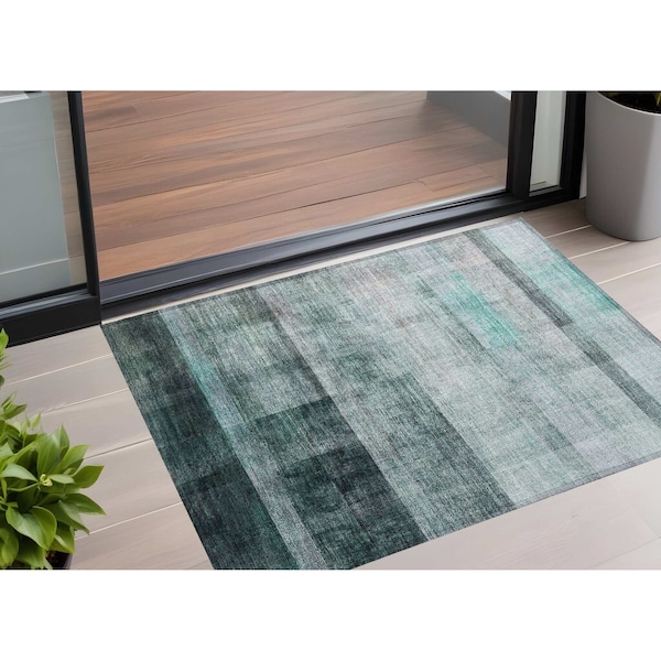 Homeroots 3' X 5' Teal Ombre Washable Non Skid Indoor Outdoor Area Rug 563685 - main