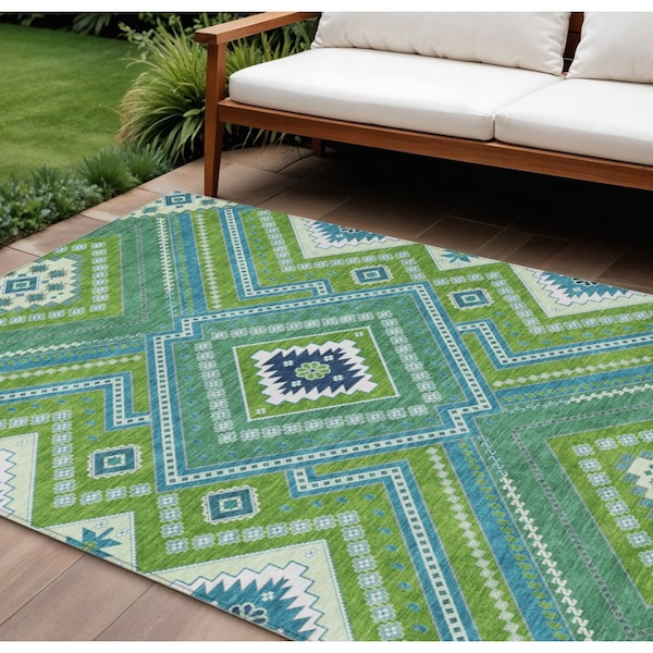 Homeroots 9' X 12' Lime Green Aqua And Ivory Tribal Washable Indoor Outdoor Area Rug 598134 - main