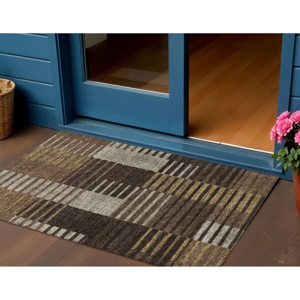 Homeroots 3' X 5' Chocolate Ivory And Gold Striped Washable Indoor Outdoor Area Rug 613157 - main
