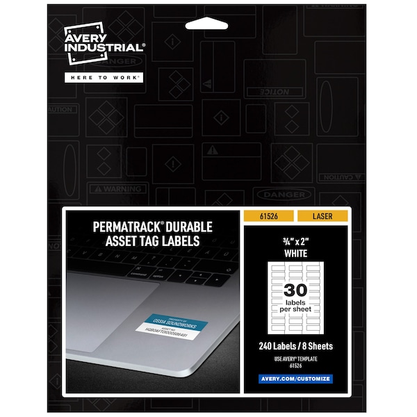 Avery Durable White Asset Tag Labels, La, PK240, Film, 9.44 in W, 3/4" x 2" Dia., White, Rectangle, 240 PK 61526 - main