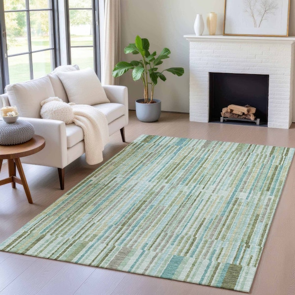 Homeroots 9' X 12' Artichoke Green And Teal Blue Striped Washable Indoor Outdoor Area Rug 631525 - main