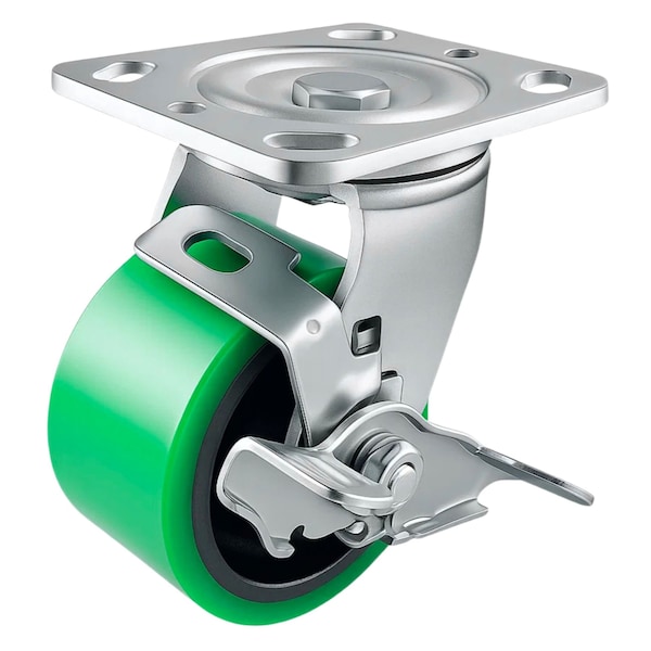 Hyw Products Heavy Duty Caster 4in Green Polyurethane on Cast Iron Wheel, Swivel with Brake 40-40S-A1-PC-TB(G) - main