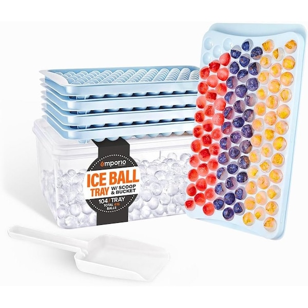 Emporio Kitchen Round Ice Cube Tray Set, 416 Ice Balls, Stackable, Easy-Release, with Lid and Bin, Blue EMPICES102 - main