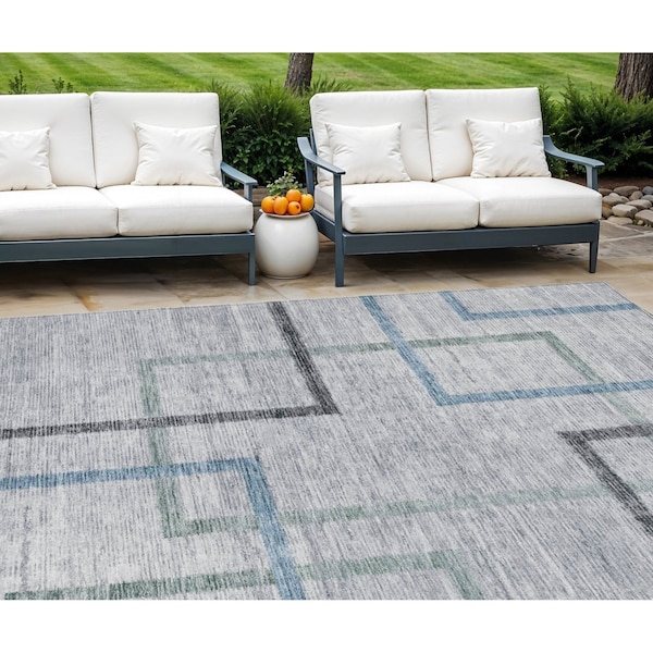 Homeroots 9' X 12' Gray Charcoal And Blue Geometric Washable Indoor Outdoor Area Rug 588342 - main