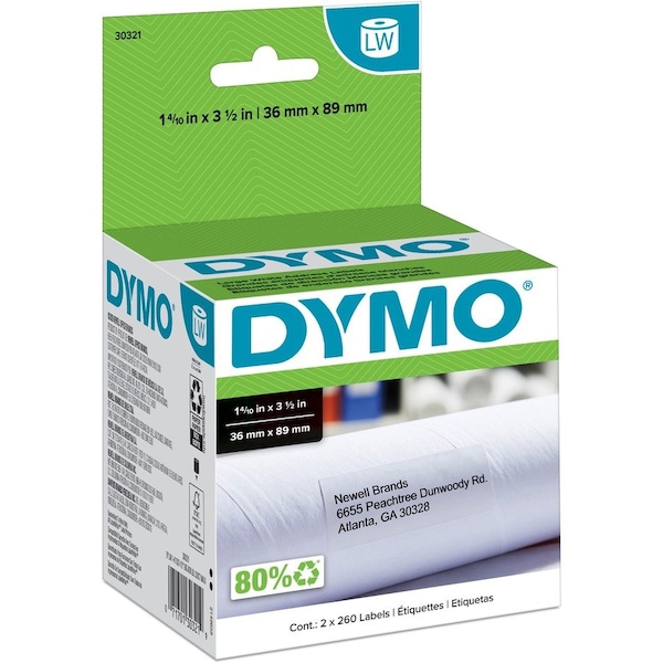 Dymo Printer Label, 1 3/8 in Label W, 3 1/2 in Label H, 260 Labels per Roll, White 30321 - main