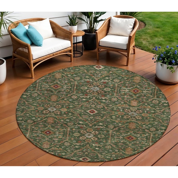 Homeroots 8' Emerald Brown And Red Round Floral Washable Indoor Outdoor Area Rug 604591 - main