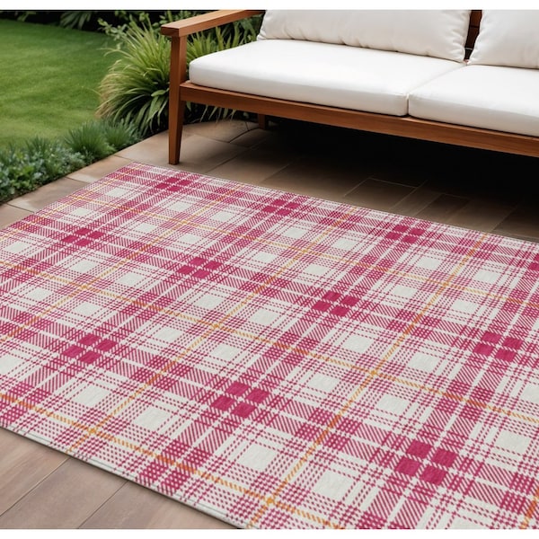 Homeroots 9' X 12' Blush Ivory And Copper Plaid Washable Indoor Outdoor Area Rug 597091 - main