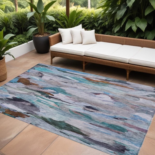 Homeroots 8' X 10' Blue Gray And Brown Abstract Washable Indoor Outdoor Area Rug 603122 - main