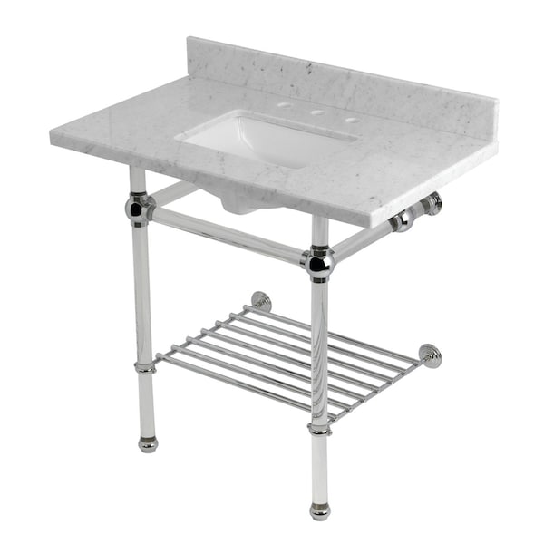 Kingston Brass 36-Inch Carrara Marble Console Sink with Acrylic Legs and Shelf, 8-Inch, 3-Hole KVPB36MASQB1 - main