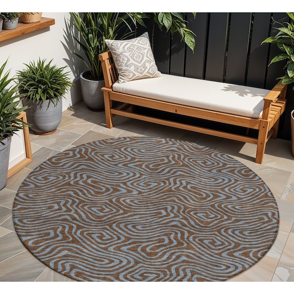 Homeroots 8' Brown And Light Blue Round Abstract Washable Indoor Outdoor Area Rug 599792 - main