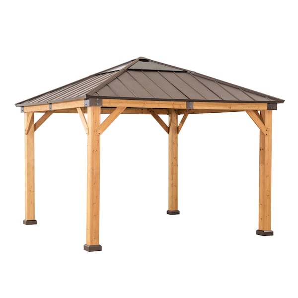 Sunjoy 11ft x 11ft Amari Outdoor Patio Cedar Framed Gazebo, Brown Steel, Polycarbonate Hip Roof Hardtop A102007203 - main