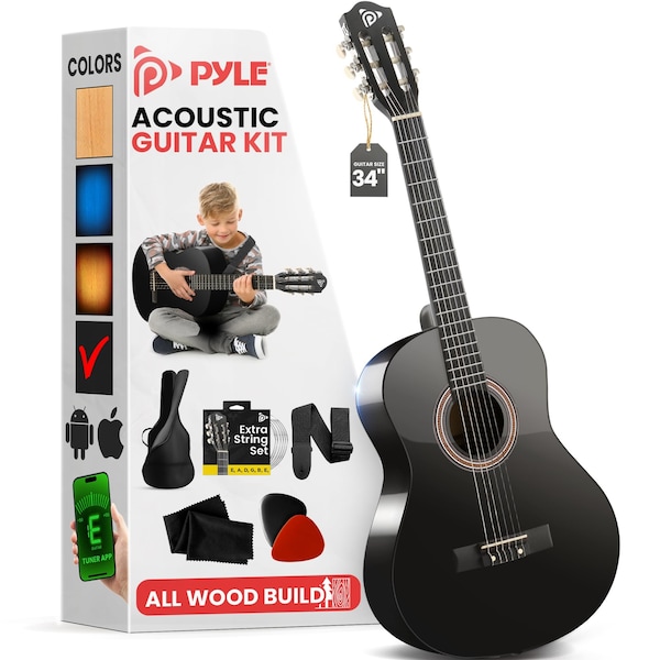 Pyle Beginner Acoustic Guitar Kit, 1/2 Junior Size All Wood Instrument with Full Accessory Kit, Picks PGACLS40BKMT - main