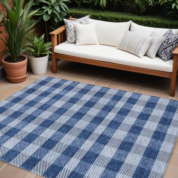Homeroots 8' X 10' Navy Blue And Ivory Plaid Washable Indoor Outdoor Area Rug 595502 - main