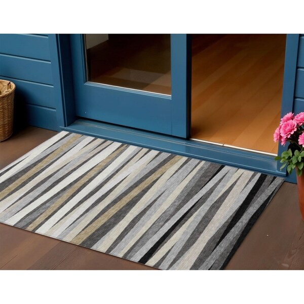 Homeroots 3' X 5' Gray Ivory And Beige Striped Washable Indoor Outdoor Area Rug 597325 - main