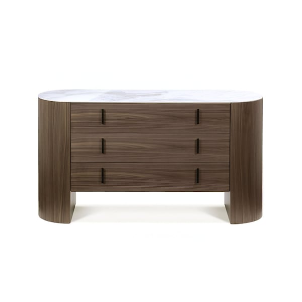 Homeroots 55" Walnut Marble Solid And Manufactured Wood Three Drawer Dresser 490816 - main