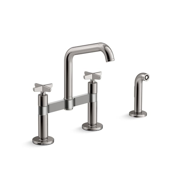 Kohler Billet Two-hole bridge kitchen sink faucet with side sprayer 28665-3-TT - main