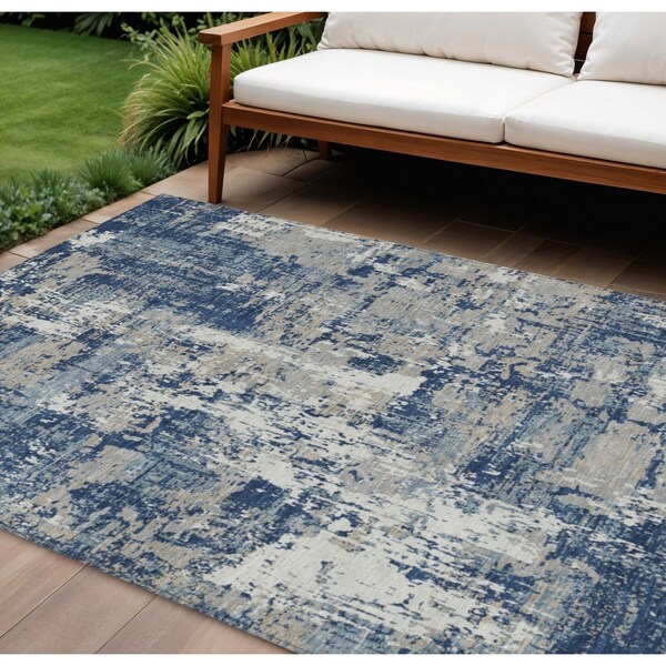 Homeroots 8' X 10' Navy Blue Gray And Ivory Abstract Washable Indoor Outdoor Area Rug 597989 - main