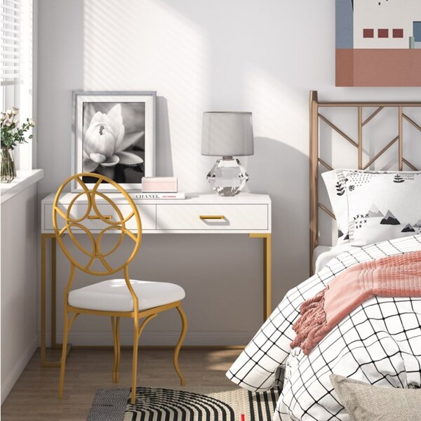 Kioottoo 40'' White & Gold Desk with 2 Drawers, Modern Compact Writing & Vanity Table TB-M00103 - main