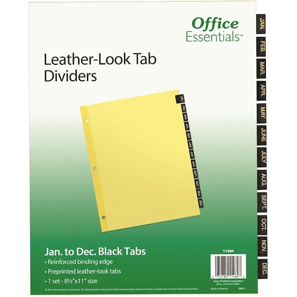 Office Essentials Black Leather Preprinted Tab Dividers 11484 - main