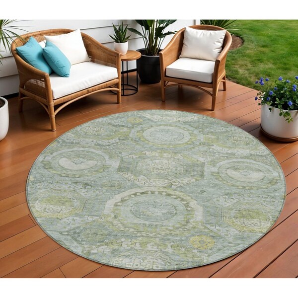 Homeroots 8' Sage And Gold Round Medallion Washable Indoor Outdoor Area Rug 616576 - main