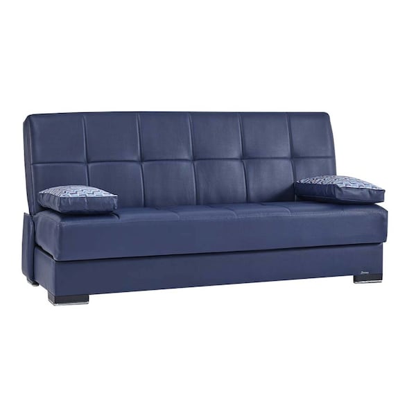 Homeroots 75" Blue Faux Leather Sleeper Sofa And Toss Pillows With Brown Legs 607185 - main