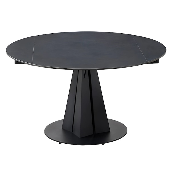 Homeroots 51" Black Stone and Metal Self-Storing Leaf Pedestal Base Round Top Extendable Dining Table 555192 - main