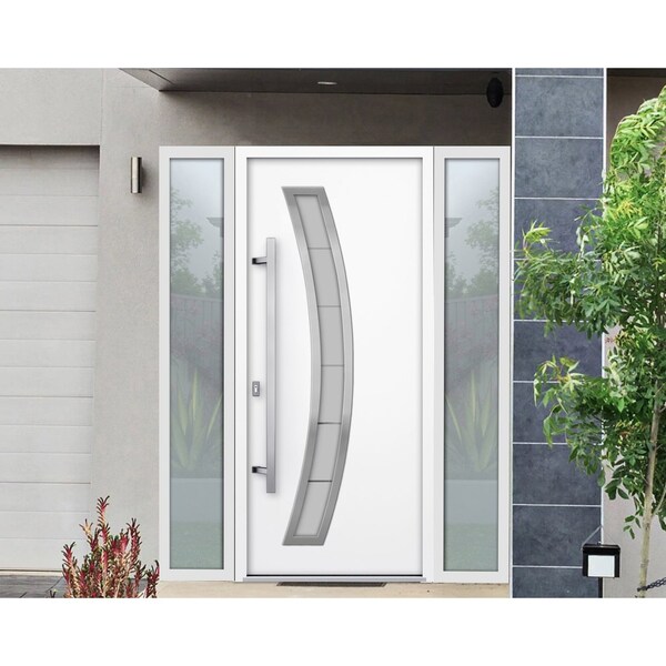 Vdomdoors Steel Door Deux 6500 White 2 Sidelight Exterior Windows Stainless Inserts Single Modern Painted-W12 DEUX6500EXD-WS-W12+36+12 x H80-Right-hand Inswing - main