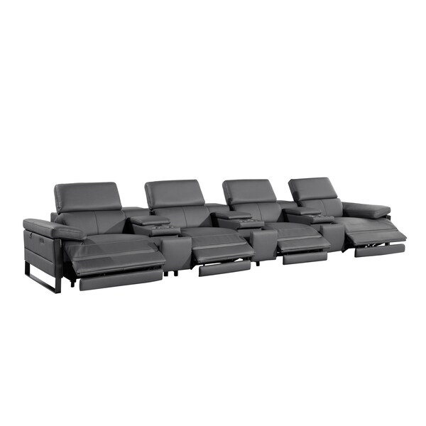 Homeroots 169" Dark Gray Top Grain Leather Reclining Metal USB Sofa 720347 - main