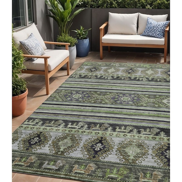 Homeroots 5' X 8' Fern Green Taupe And Ivory Tribal Washable Indoor Outdoor Area Rug 615411 - main