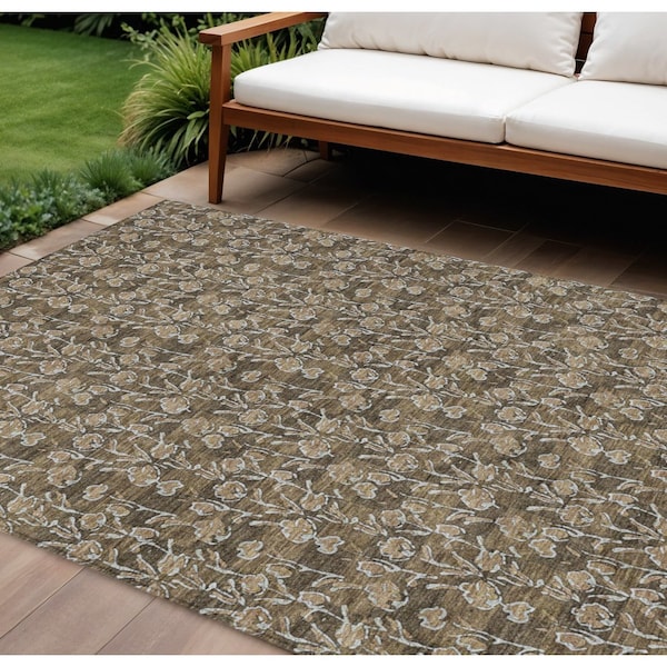 Homeroots 9' X 12' Brown And Ivory Floral Washable Indoor Outdoor Area Rug 581892 - main