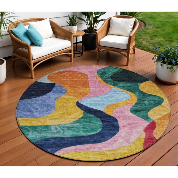 Homeroots 8' Green Orange And Pink Round Abstract Washable Indoor Outdoor Area Rug 604452 - main