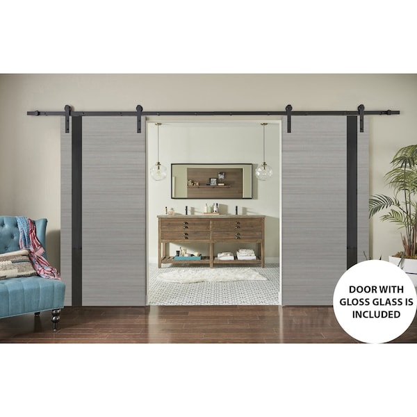 Sartodoors Sturdy Double Barn Door, Planum 0040 Grey Oak with Black Glass, 13FT Rail Hangers Heavy Set, Solid PLANUM0040DB-SS-36 - main