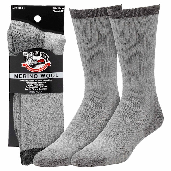 Railroad Sock Mens Crew Socks, 50% Merino Wool, 35% Acrylic, 13% Nylon, 2% Spandex, Grey, 6-12 M, 1 PR 2965 GY - main