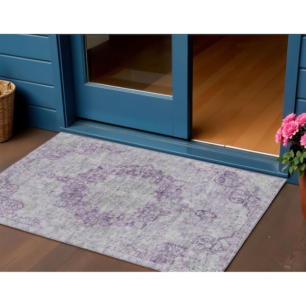 Homeroots 3' X 5' Purple Floral Medallion Washable Indoor Outdoor Area Rug 607920 - main