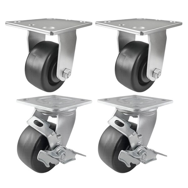Hyw Products Heavy Duty Caster Set 4in Plastic Wheels, 2 Rigid & 2 Swivel with Brake, 4PK 40-40R-A1-HP-2,40-40S-A1-HP-TB-2 - main