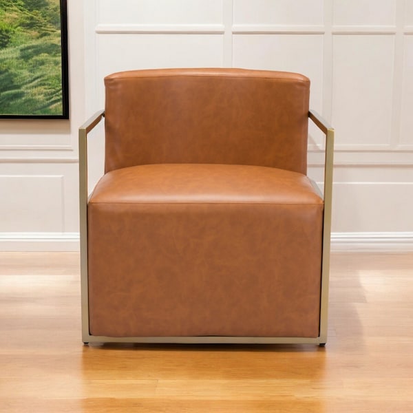 Homeroots 27" Brown And Gold Faux Leather And Faux Leather Arm Chair 556474 - main