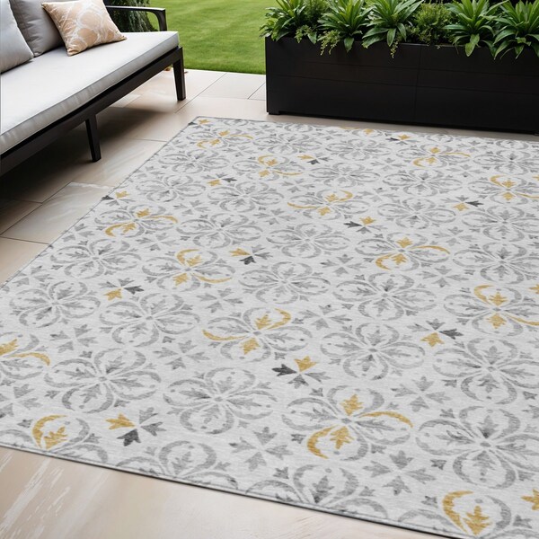 Homeroots 5' X 8' Silver Gray And Gold Floral Washable Indoor Outdoor Area Rug 595986 - main